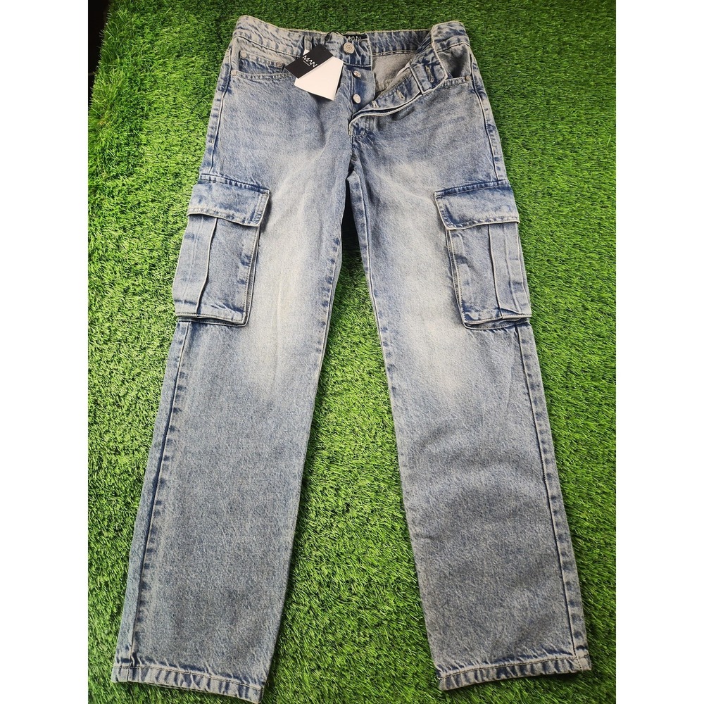 BoohooMAN‎ Jeans Mens 30x30 Blue Light Wash Denim Cargo Pockets Straight